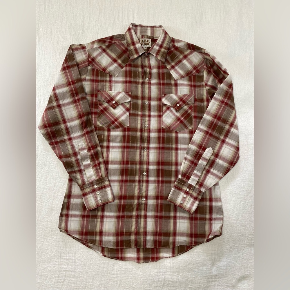 Ely Cattleman Mens Size Medium  Western Shirt  Red Plaid Pearl Snap Long Sleeve